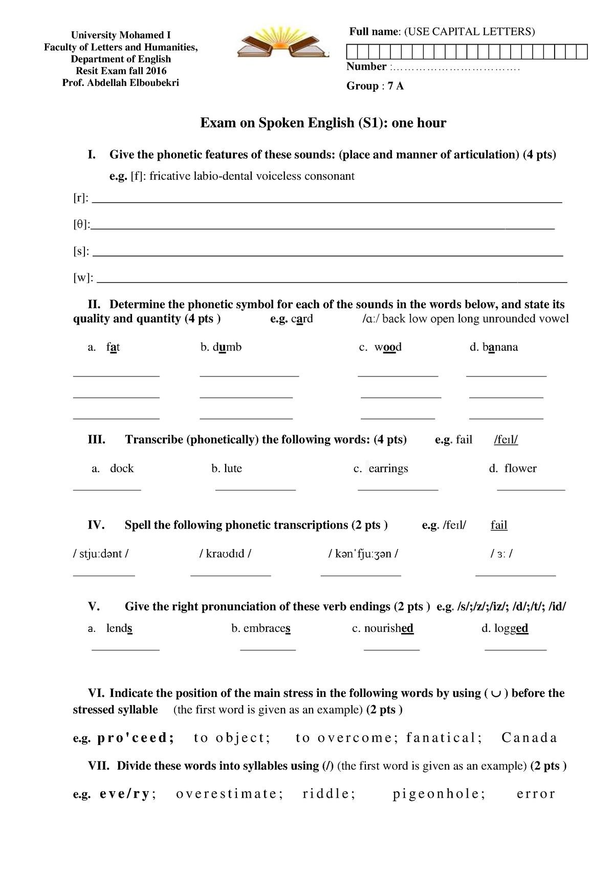 Resit Fall Exam 2016 On Spoken English S1 Exam On Spoken English S1 