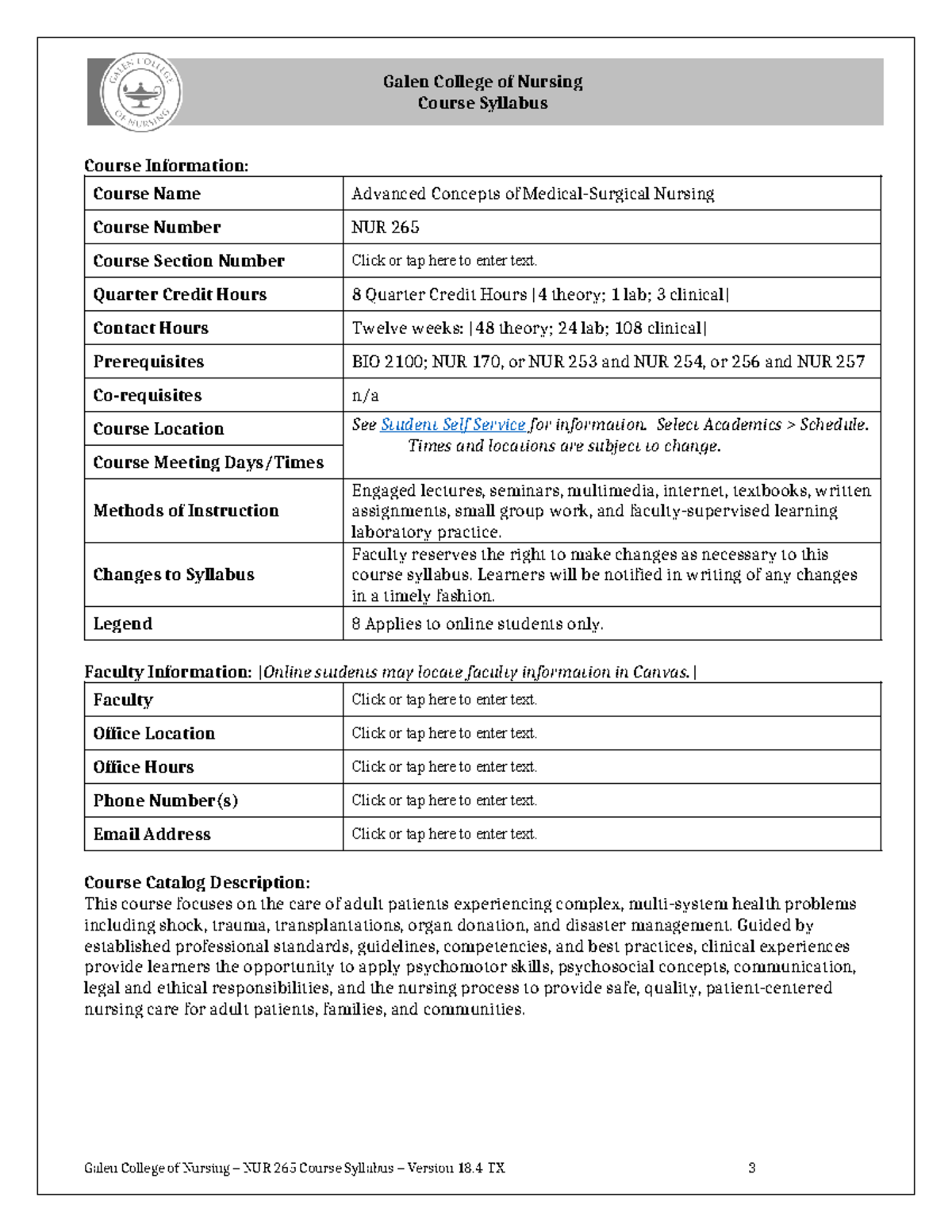 NUR 265 Syllabus Version 18-4 TX - Galen College of Nursing Course ...