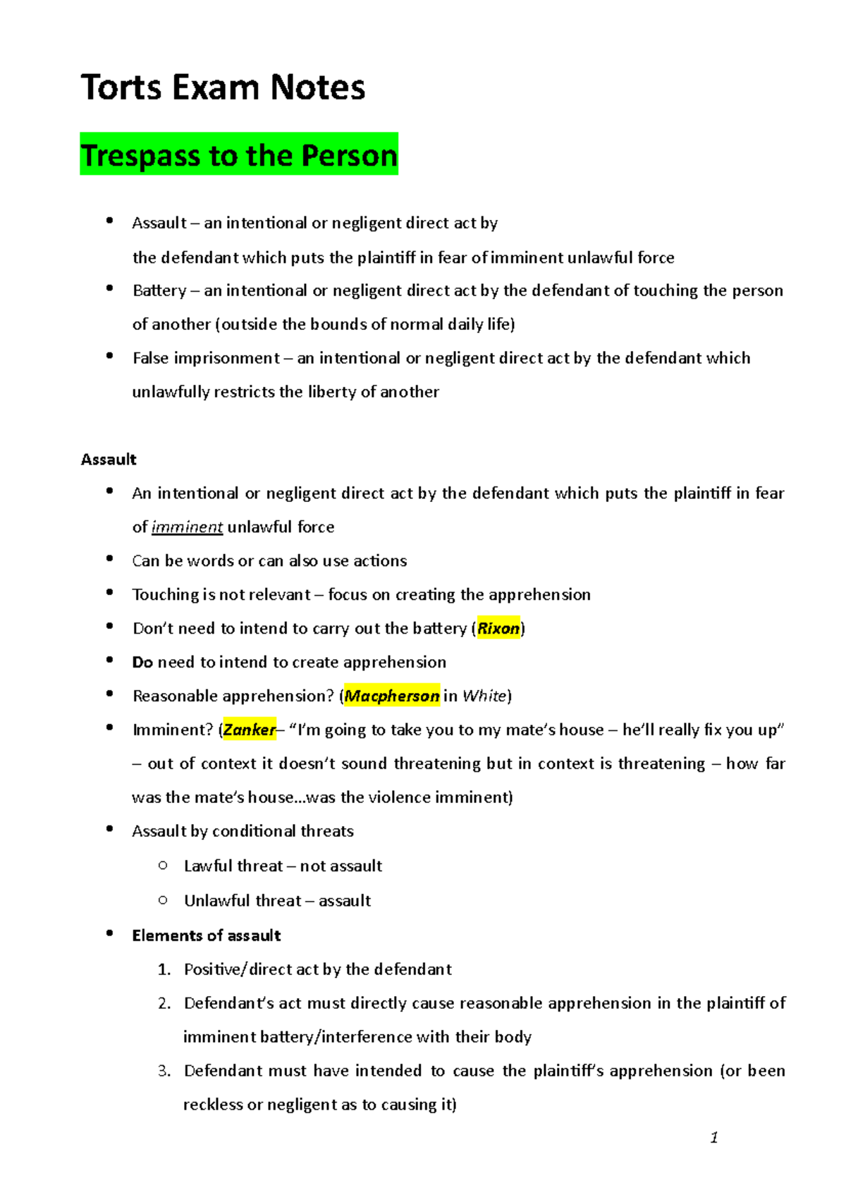 Torts-Exam-Notes - Torts exam notes with trespass to the person ...