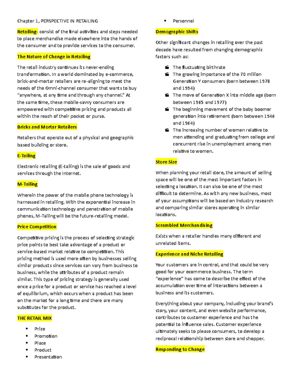 Retail-reviewer - Reviewer - Chapter 1, PERSPECTIVE IN RETAILING ...