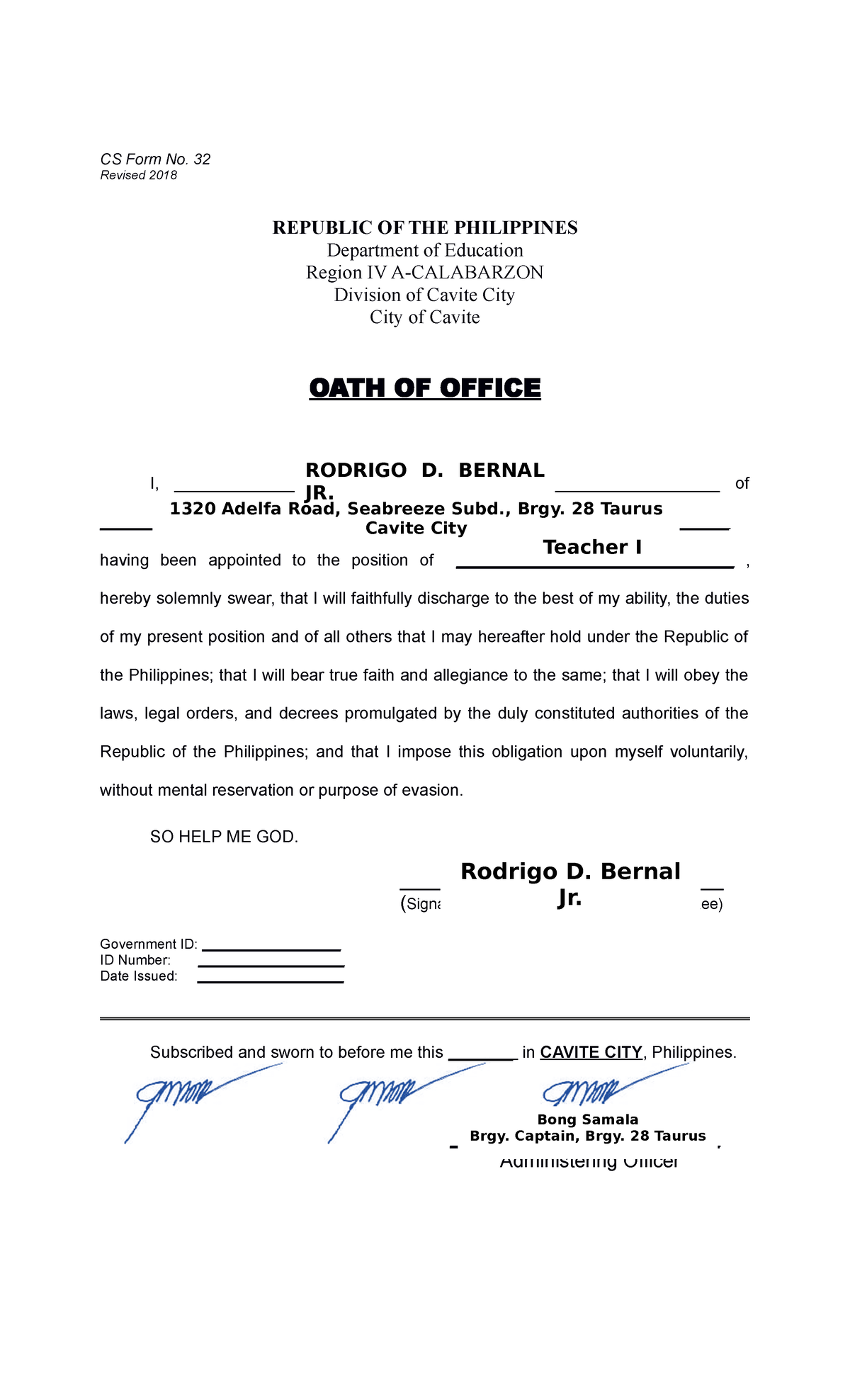 OATH 2022 SHS2 Oath of office CS Form No. 32 Revised 2018 REPUBLIC