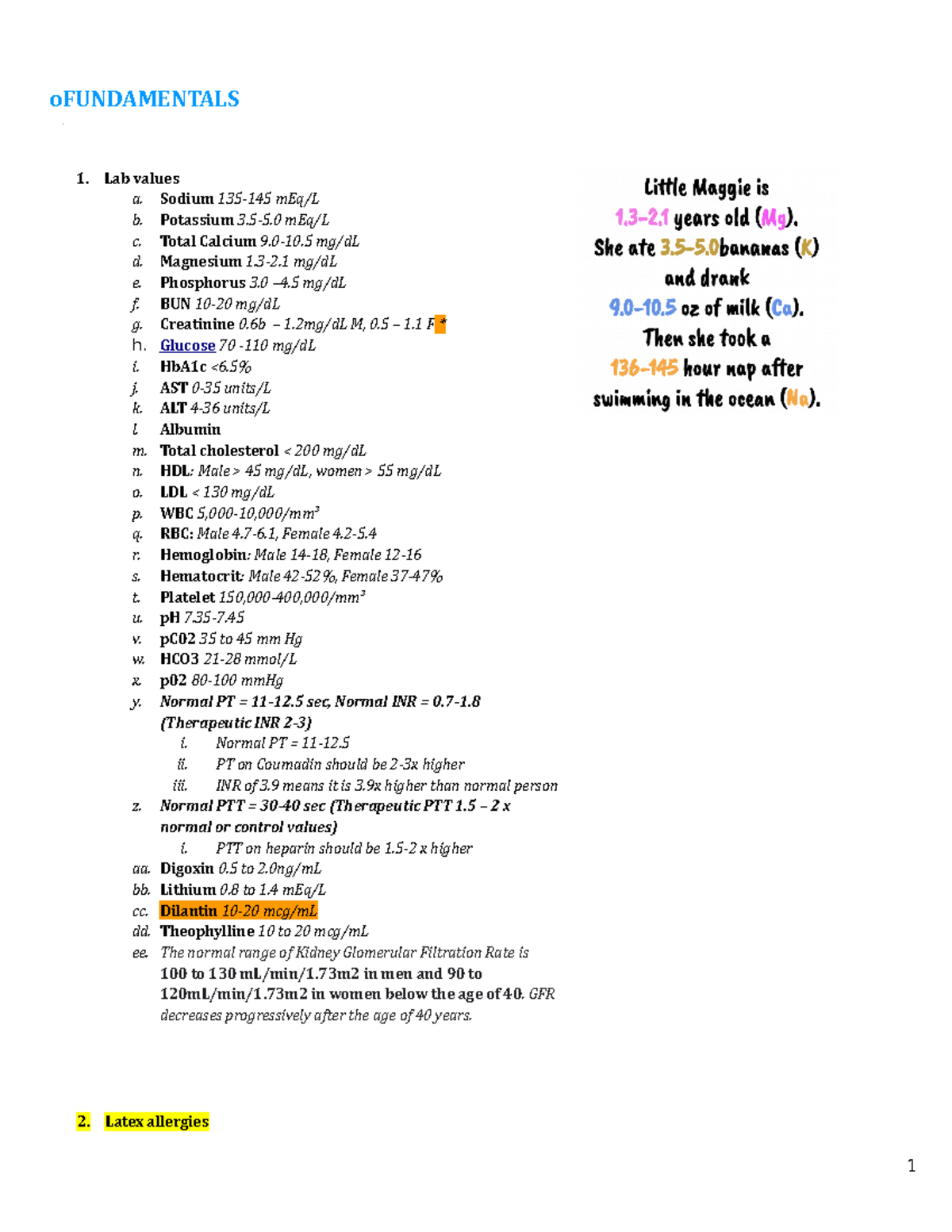 ATI pharmacology notes oFUNDAMENTALS 1. Lab values a. Sodium 135145 mEq/L b. Potassium 3.55