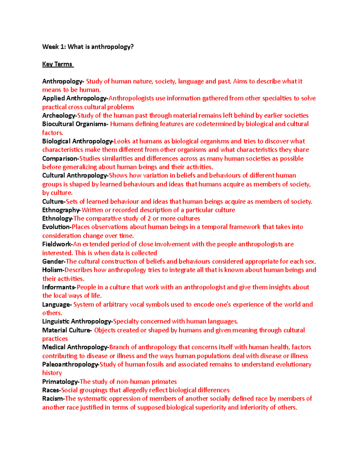 SF&D week 1 - Lecture notes 1 - Week 1: What is anthropology? Key Terms ...