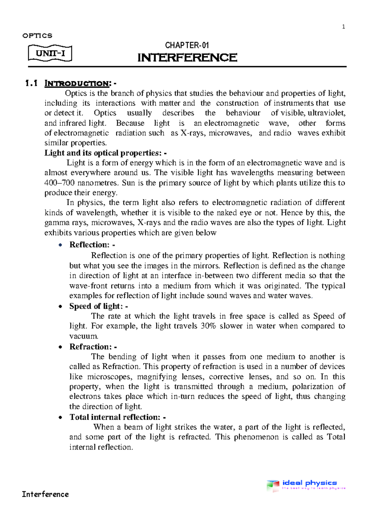Modern optics class notes - optics CHAPTER- 01 INTERFERENCE 1 ...