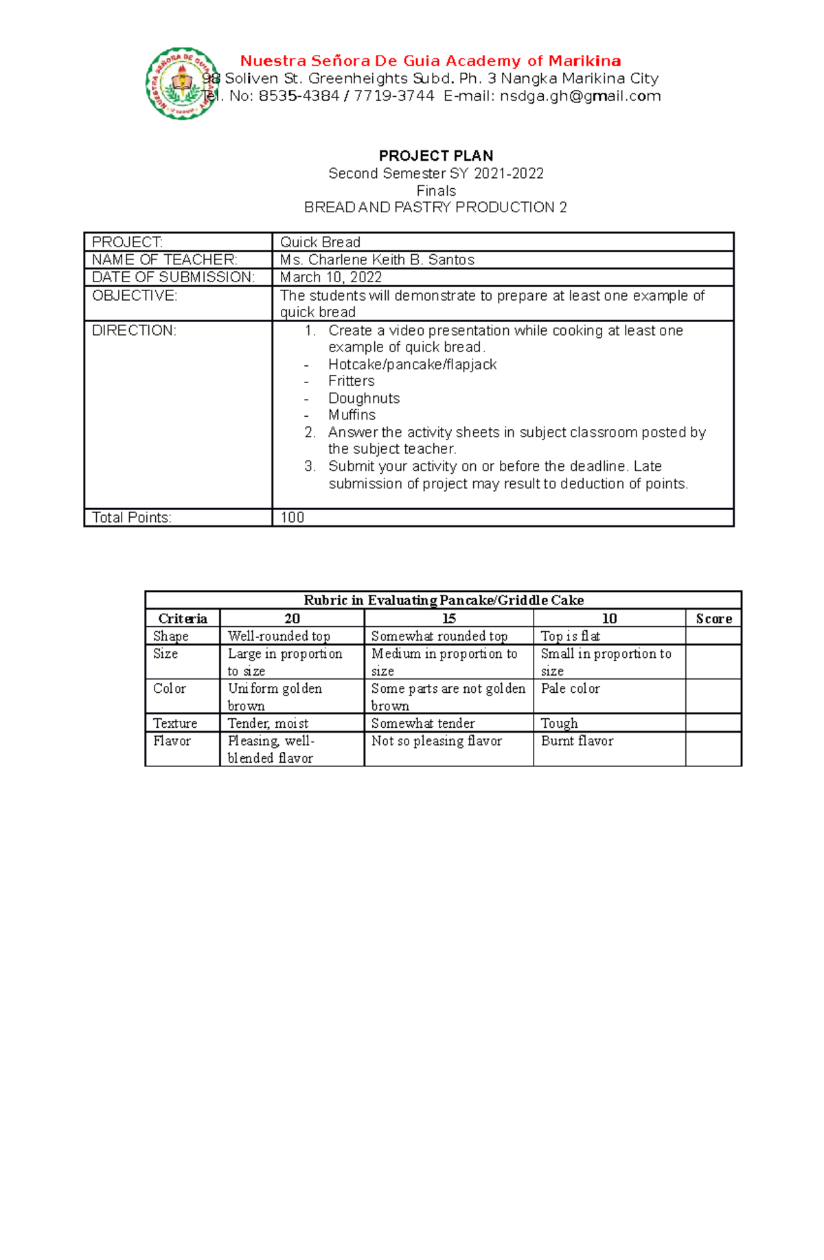 Project-PLAN-Bread and pastry production - PROJECT PLAN Second Semester ...