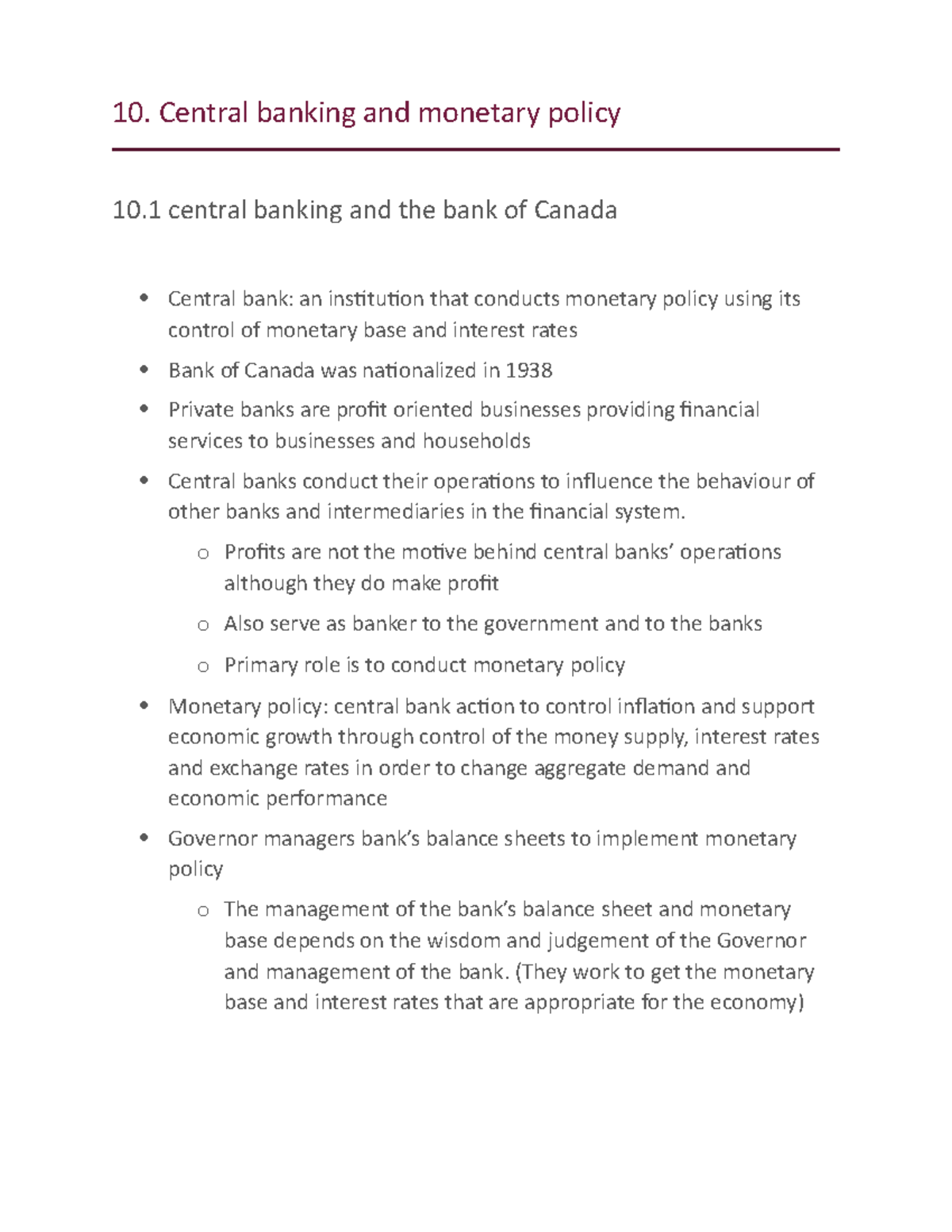 Chapter 10 macro - class notes - 10. Central banking and monetary ...