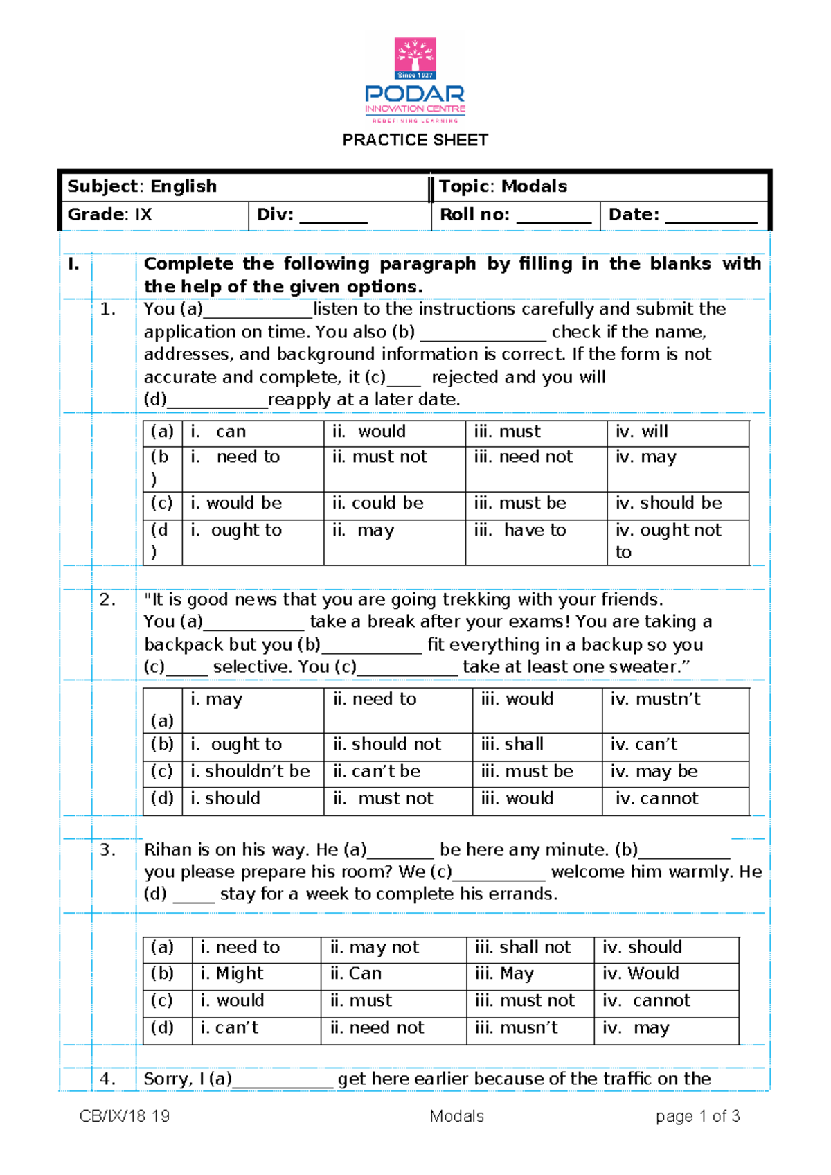 PS QP CB IX Eng Modals - wow - PRACTICE SHEET Subject: English Topic ...