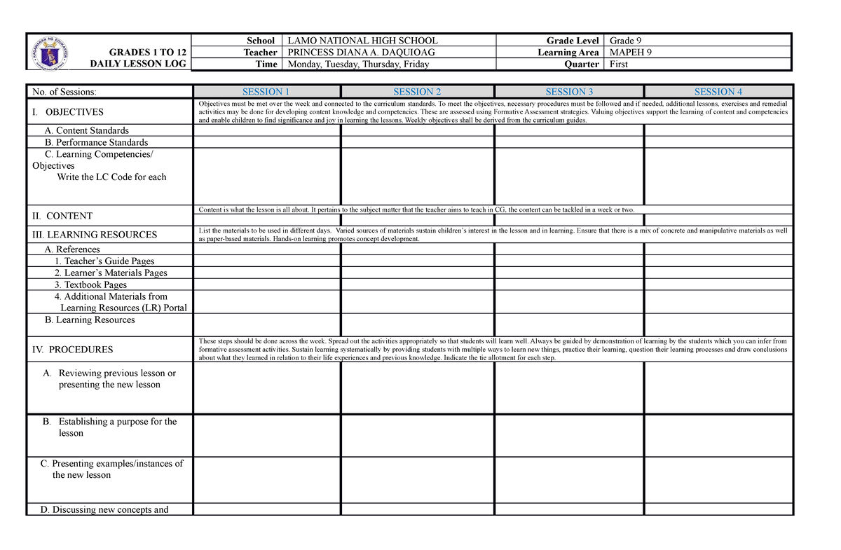 Daily - for learning material - GRADES 1 TO 12 DAILY LESSON LOG School ...