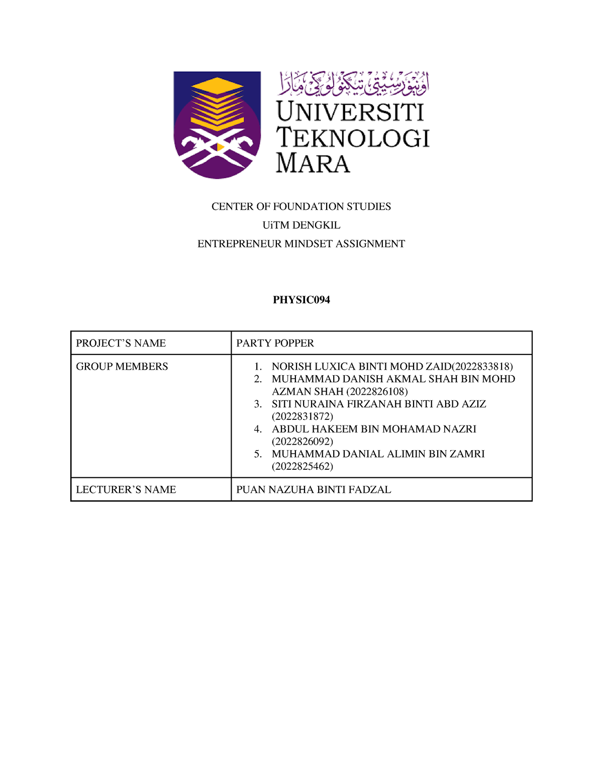 entrepreneurial mindset assignment uitm