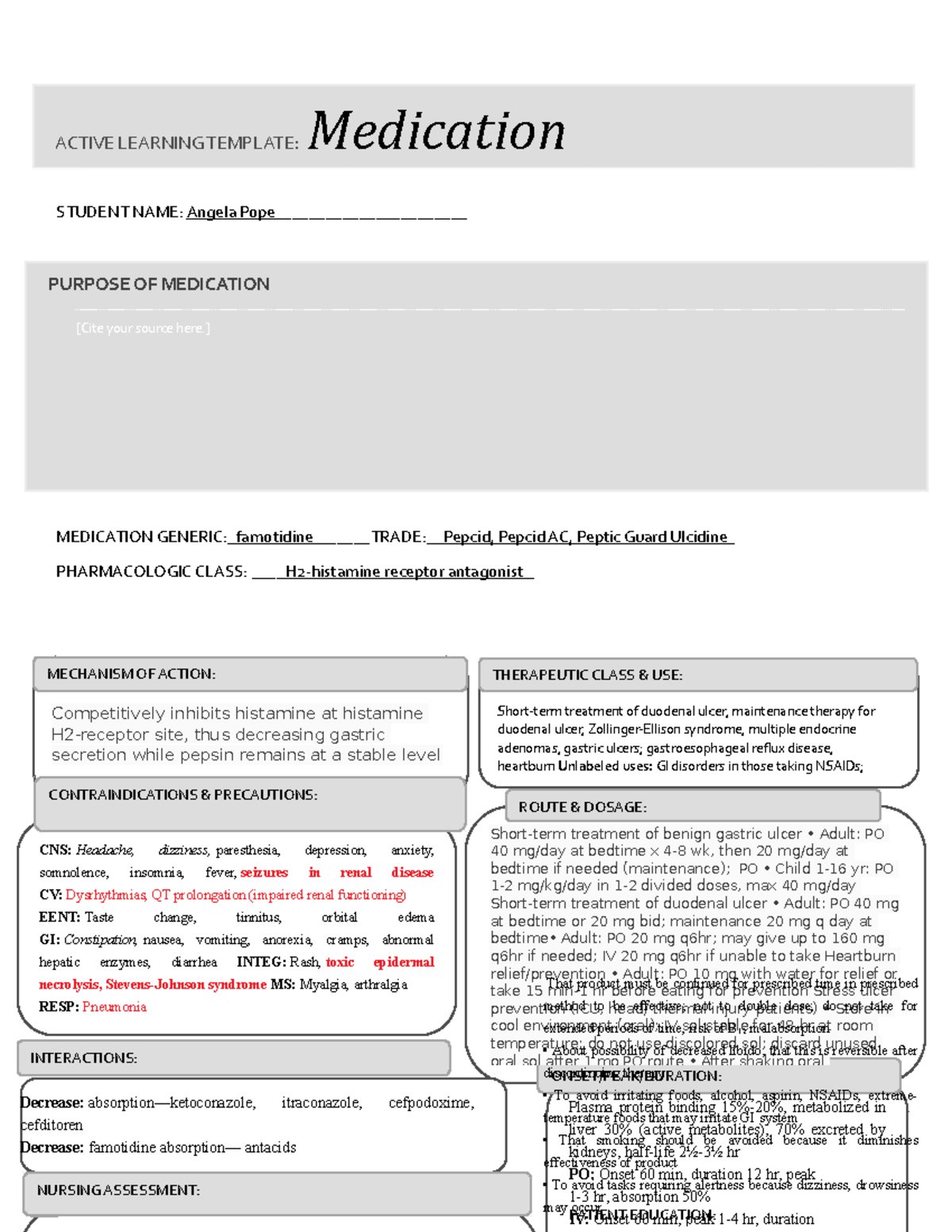 Famotidine ATI medical template NSP 3295C State College of Florida