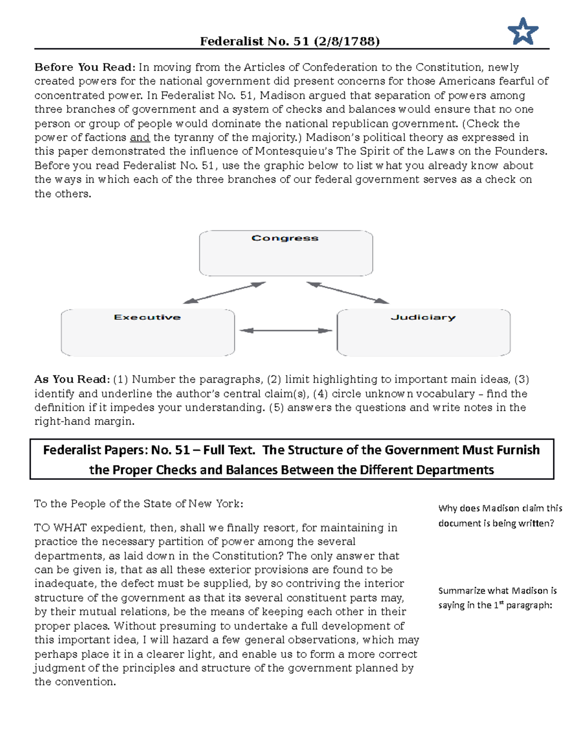 Federalist 51 Annotation Assignment - Federalist No. 51 (2/8/1788 ...