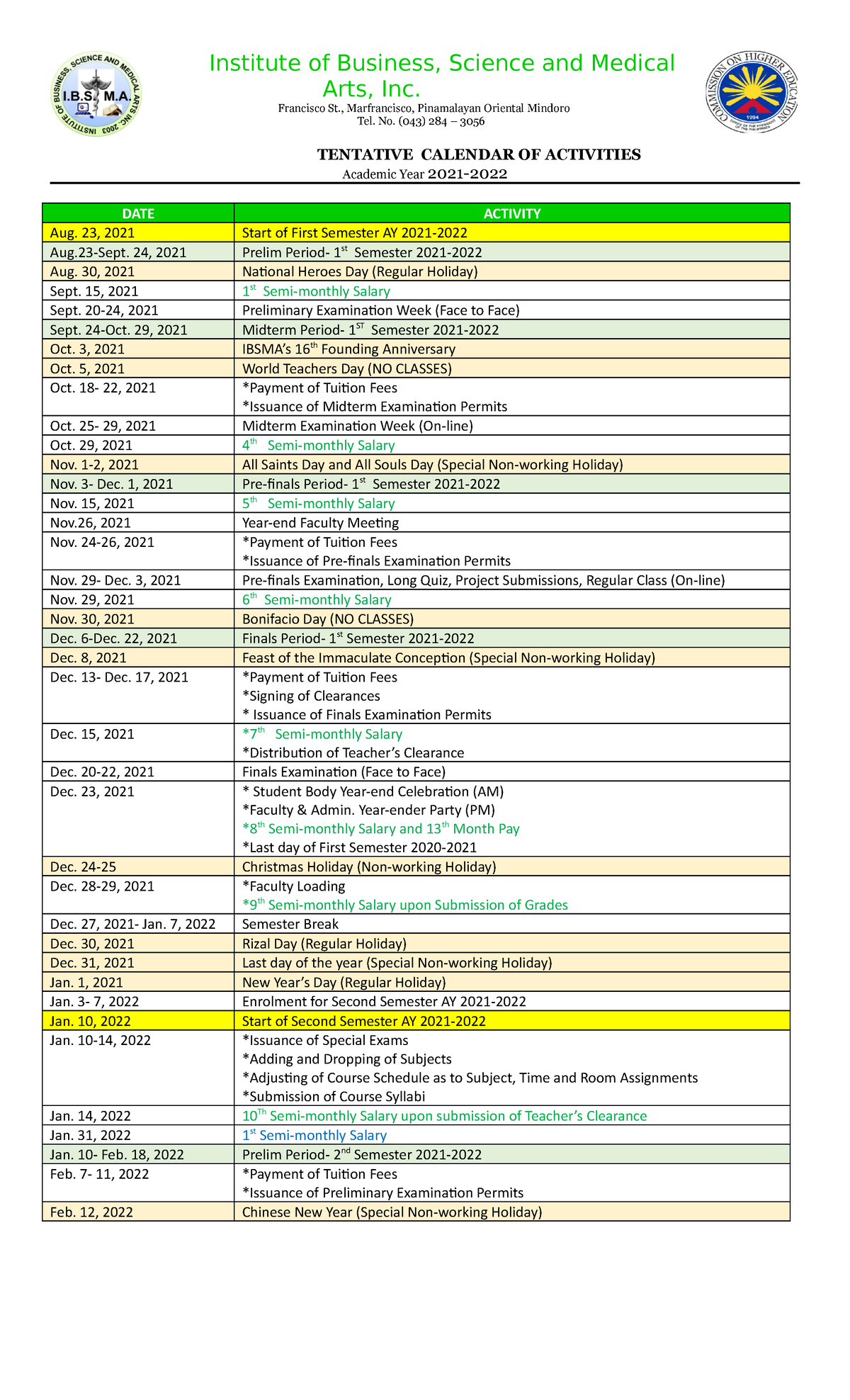 CHED Calendar OF Activities AY2021 2022 Institute of Business