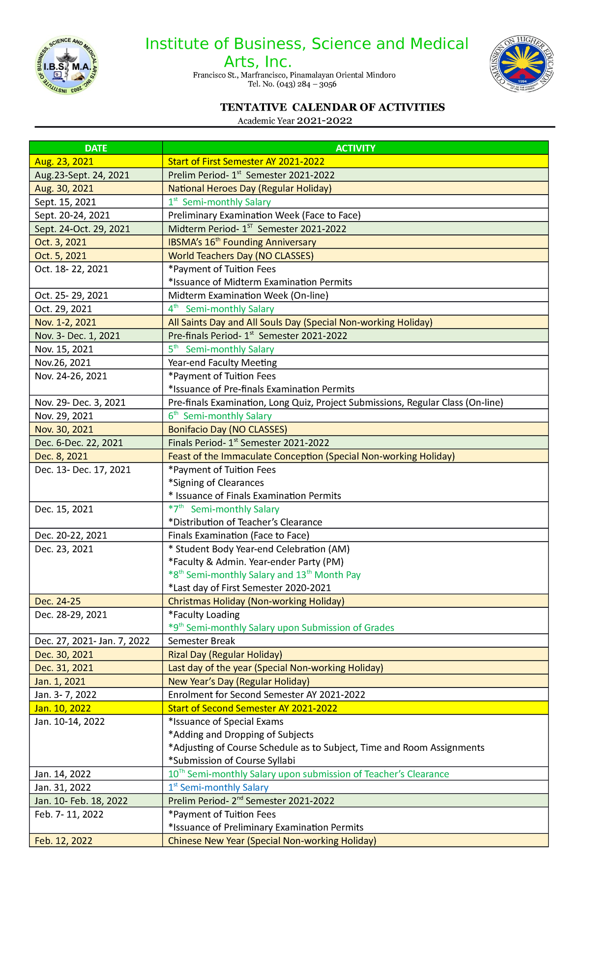 CHED Calendar OF Activities AY2021 2022 Institute Of Business 