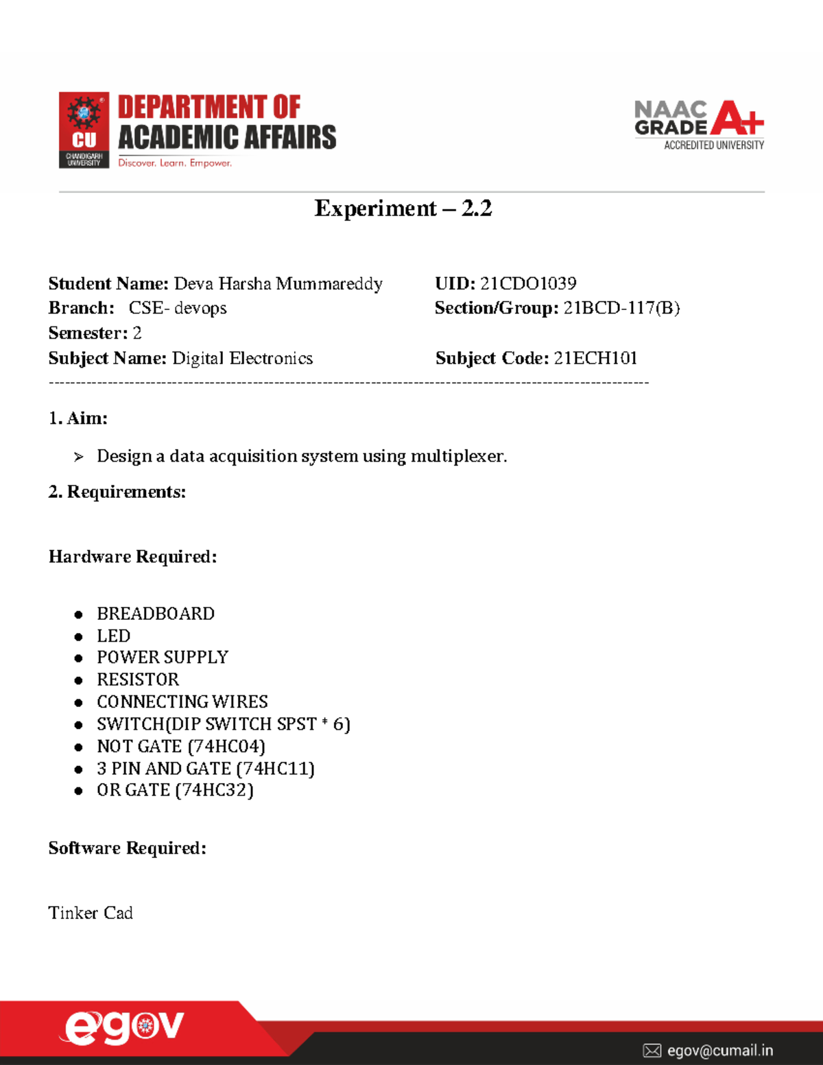 Digital electronics worksheet - Experiment – 2. Student Name: Deva ...