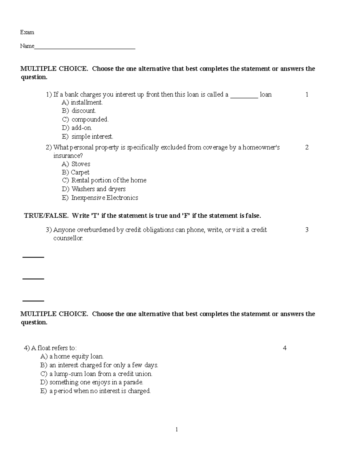 Final Exam Practice question paper - Exam Name ...