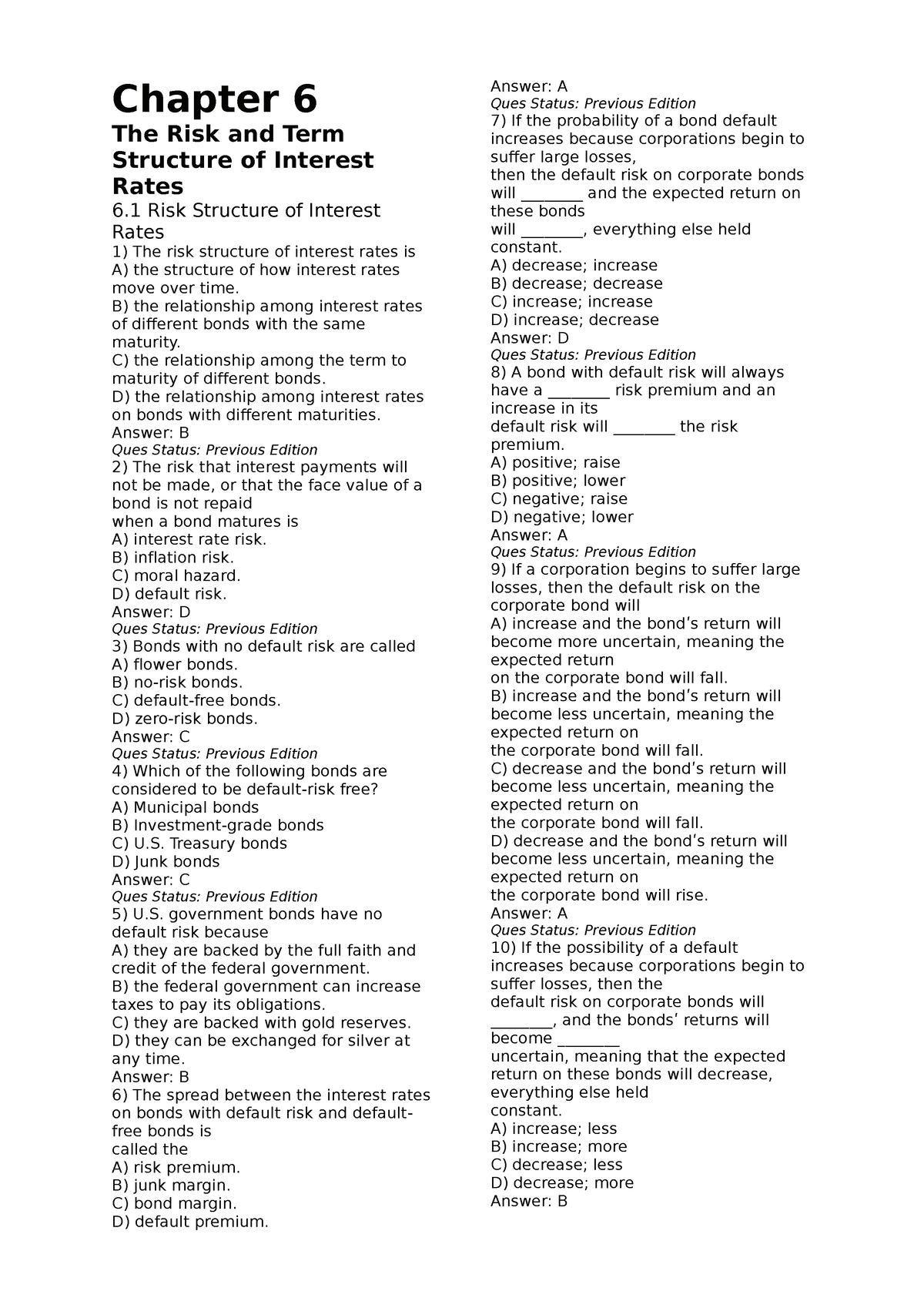8 9 10 Test Bank Chapter 6 - Chapter 6 The Risk And Term Structure Of ...