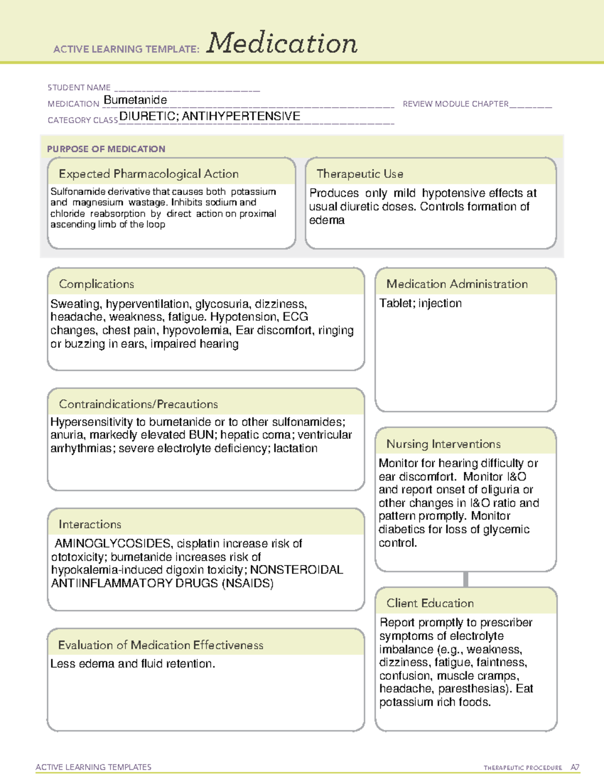 Bumetanide - med sheet - ACTIVE LEARNING TEMPLATES TherapeuTic ...