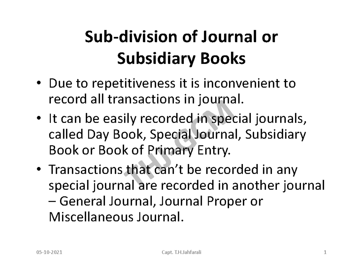 Subsidiary Books Accounting tools Subdivision of Journal or