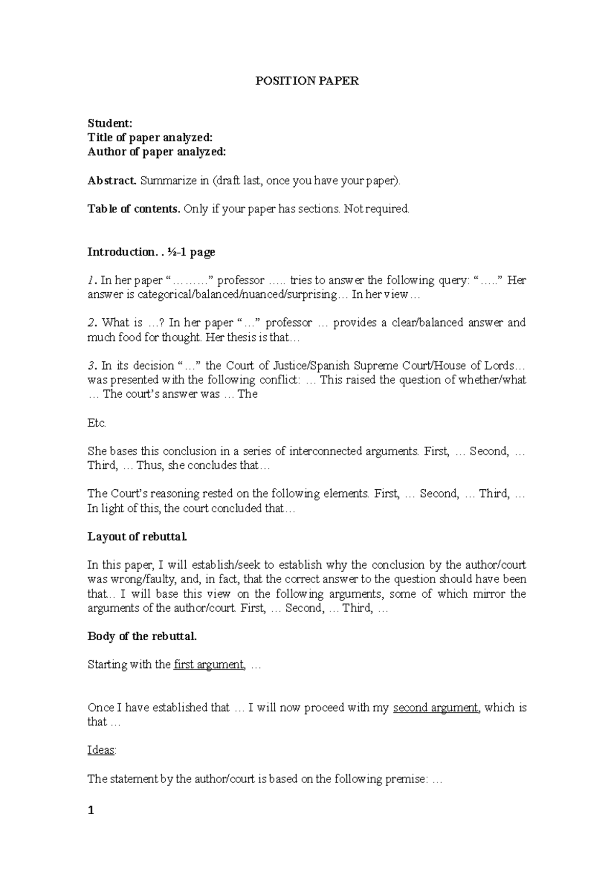 Position paper some ideas - POSITION PAPER Student: Title of paper ...