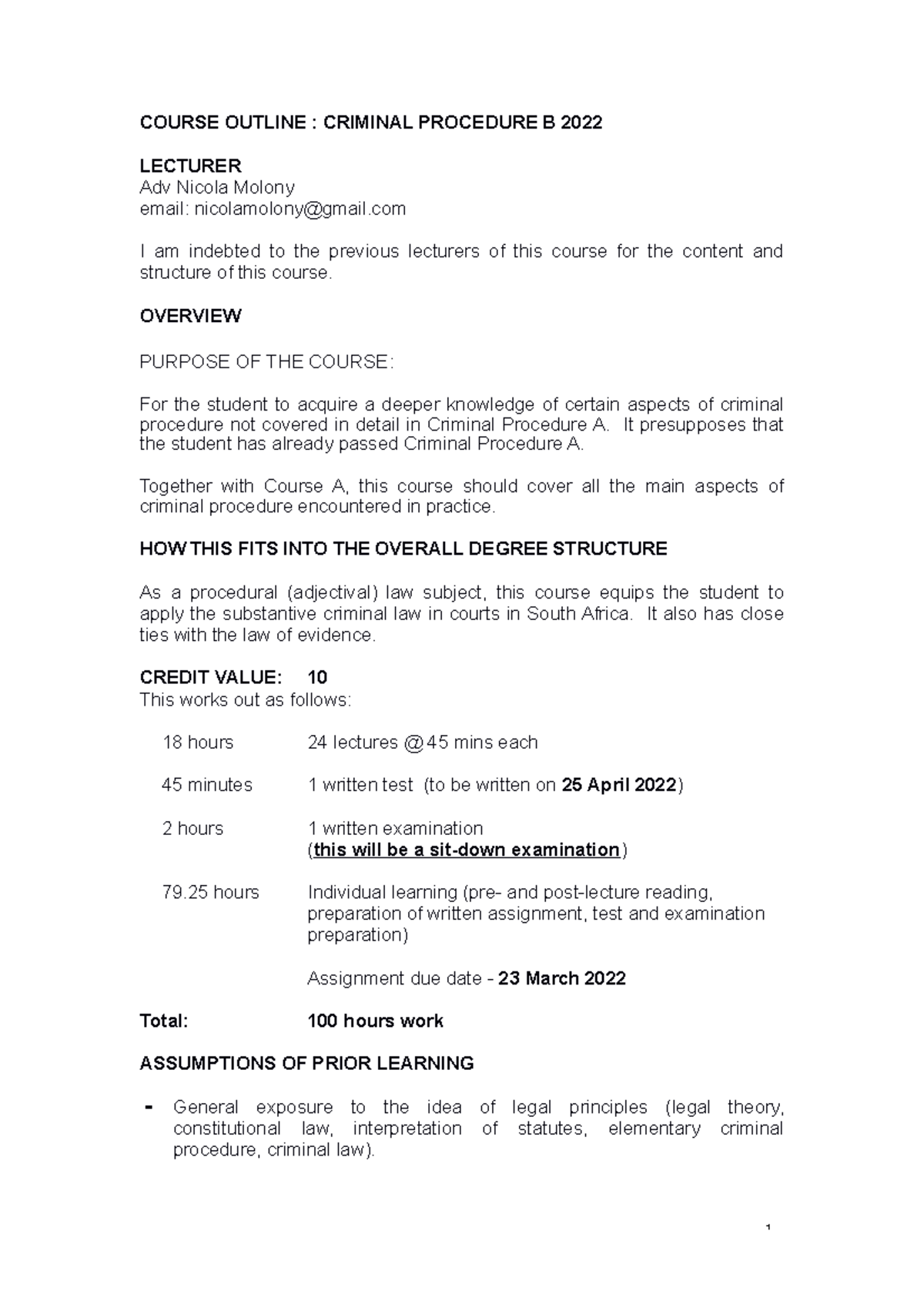 Criminal Procedure B Course Outline 2022 - COURSE OUTLINE : CRIMINAL ...