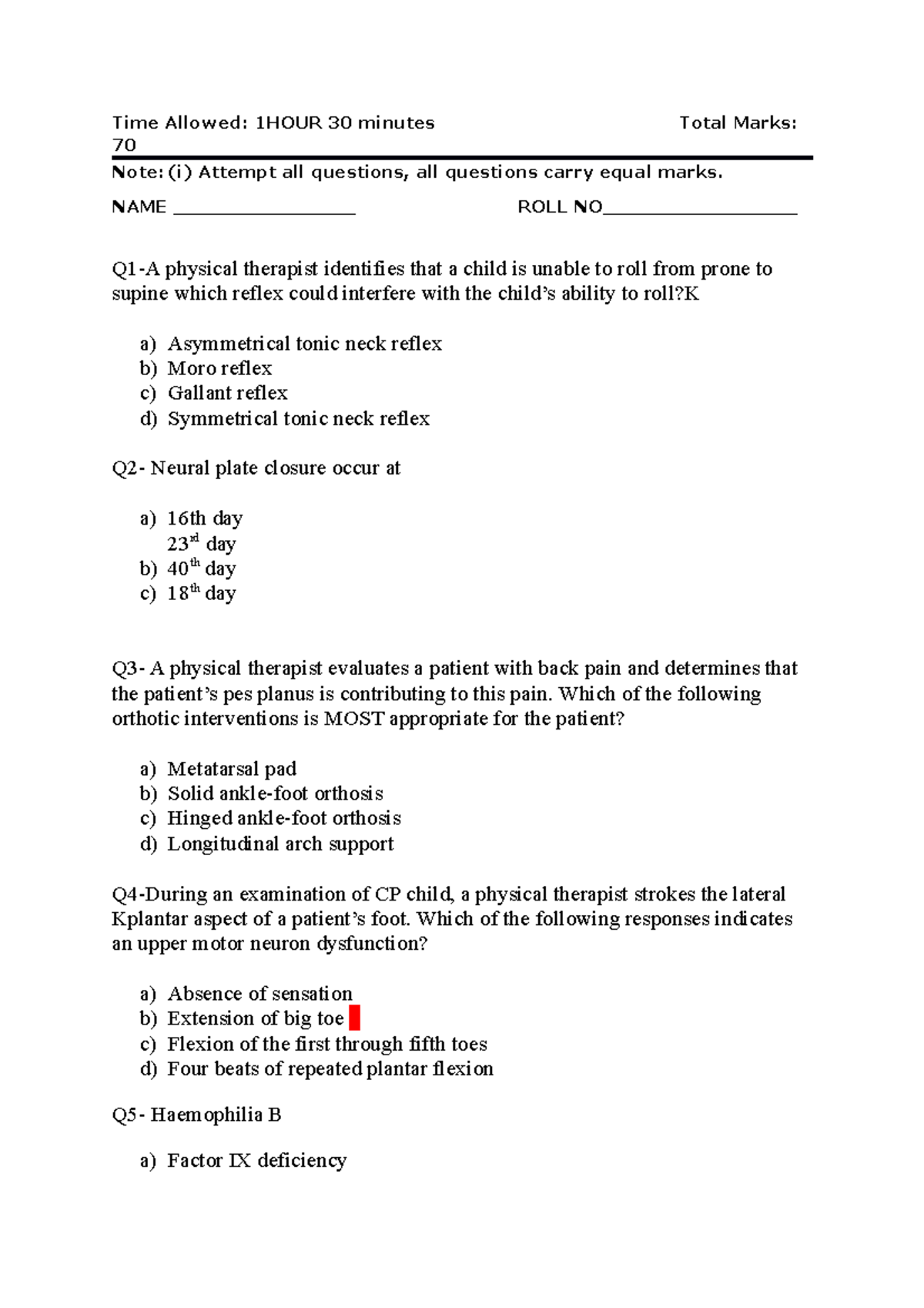 Peads pef - include mcqs for practice - Time Allowed: 1HOUR 30 minutes ...