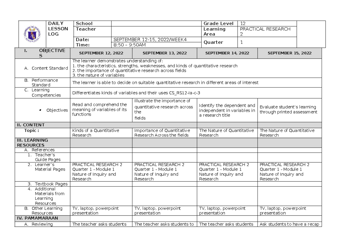 WEEK 4 - DAILY LESSON LOG School Grade Level 12 Teacher Learning Area ...