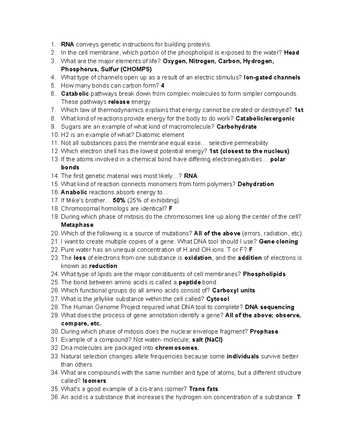 Final Study Guide - RNA conveys genetic instructions for building ...