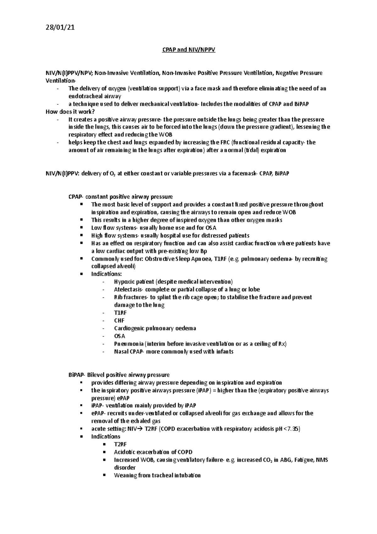 CPAP and NIV - CPAP and NIV notes - 28/01/ CPAP and NIV/NPPV NIV/N(I ...