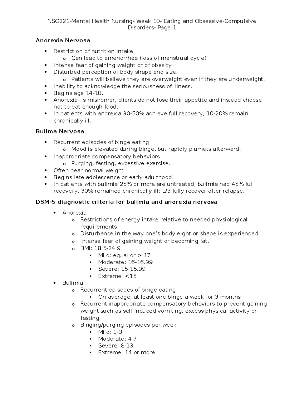 NSG221 mental Health Nursing- Week 10- Eating disorders and OCD ...