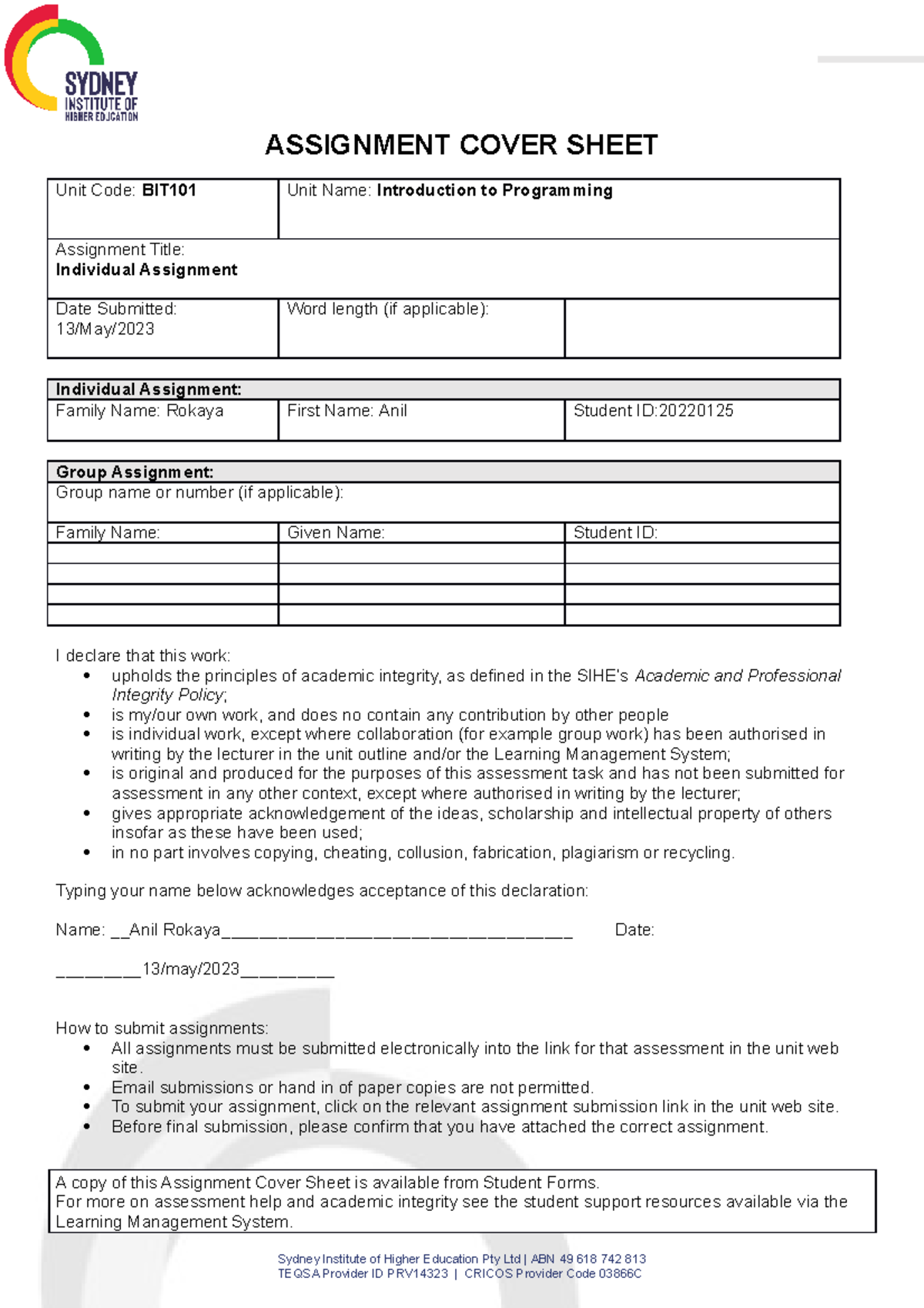 Individual Assignment-2kgf - ASSIGNMENT COVER SHEET Unit Code: BIT101 ...