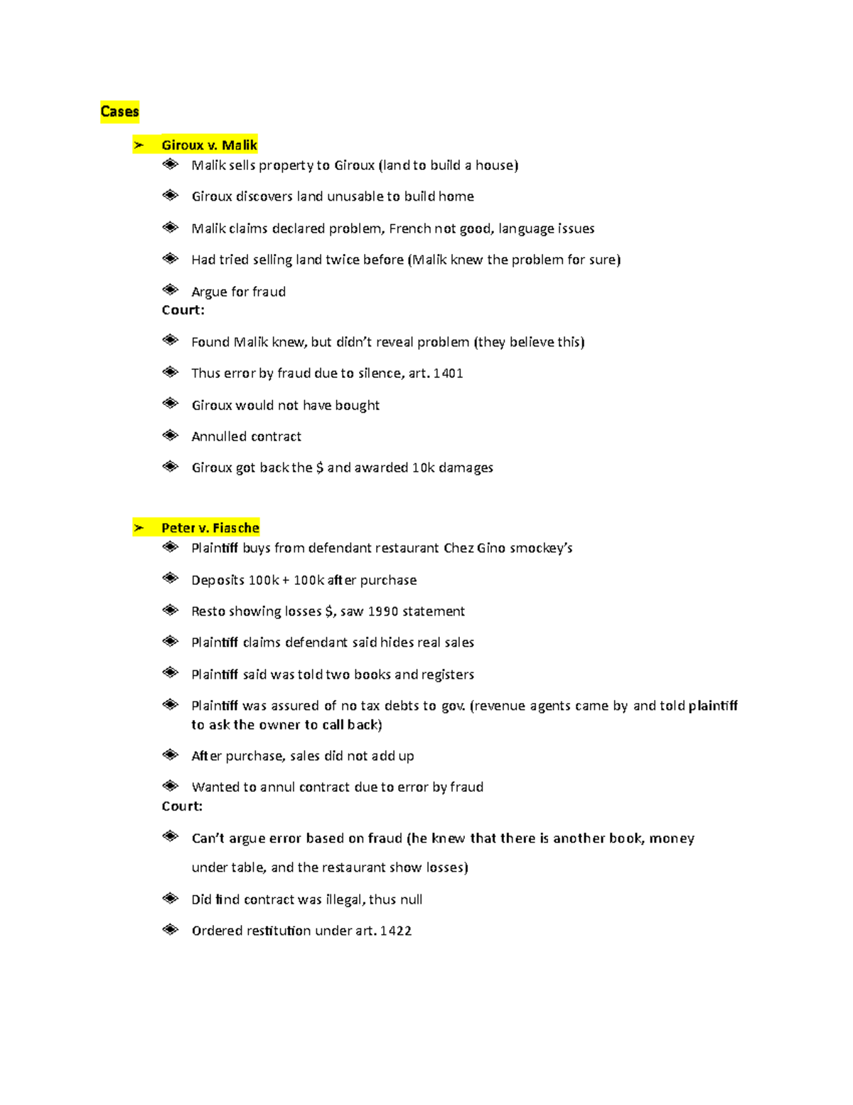 Notes final 4 Cases Giroux v. Malik Malik sells property to Giroux