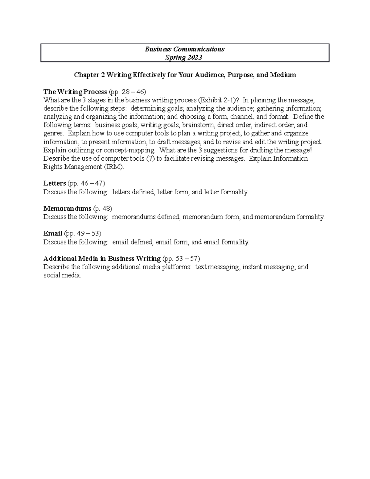 notes on Chapter 2 Exercise Sp23 - Business Communications Spring 2023 ...