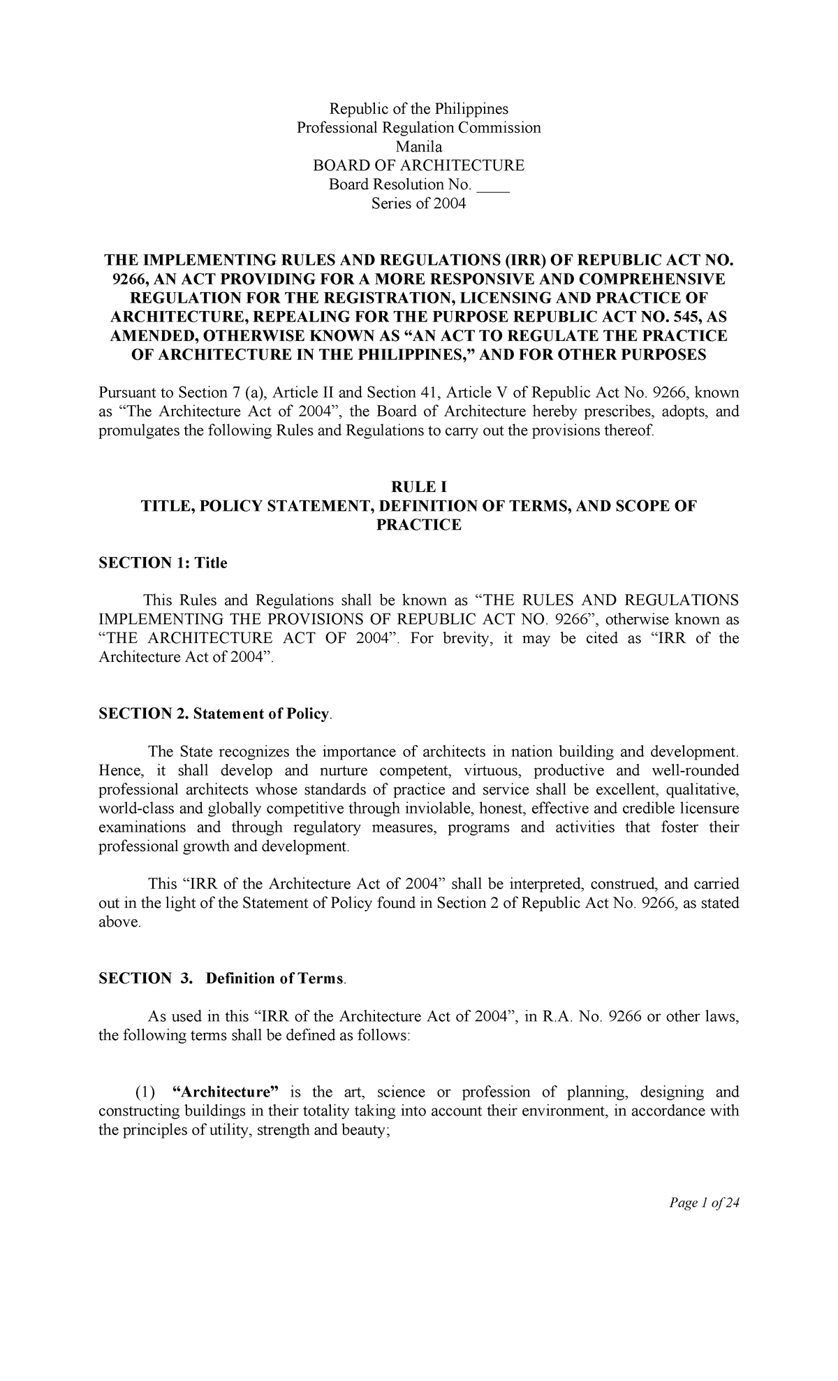 The IRR of RA 9266 - Architecture Act of 2004 - Republic of the ...