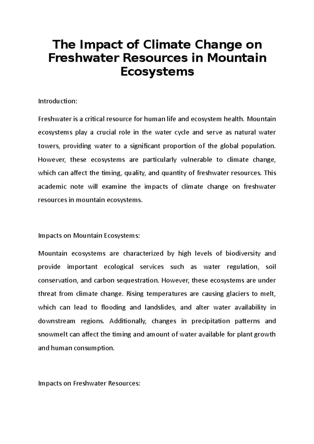 The Impact of Climate Change on Freshwater Resources in Mountain ...