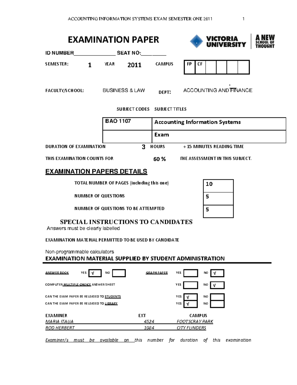 Final Exam S1 2011 st - EXAMINATION PAPER ID NUMBER_______________ SEAT ...