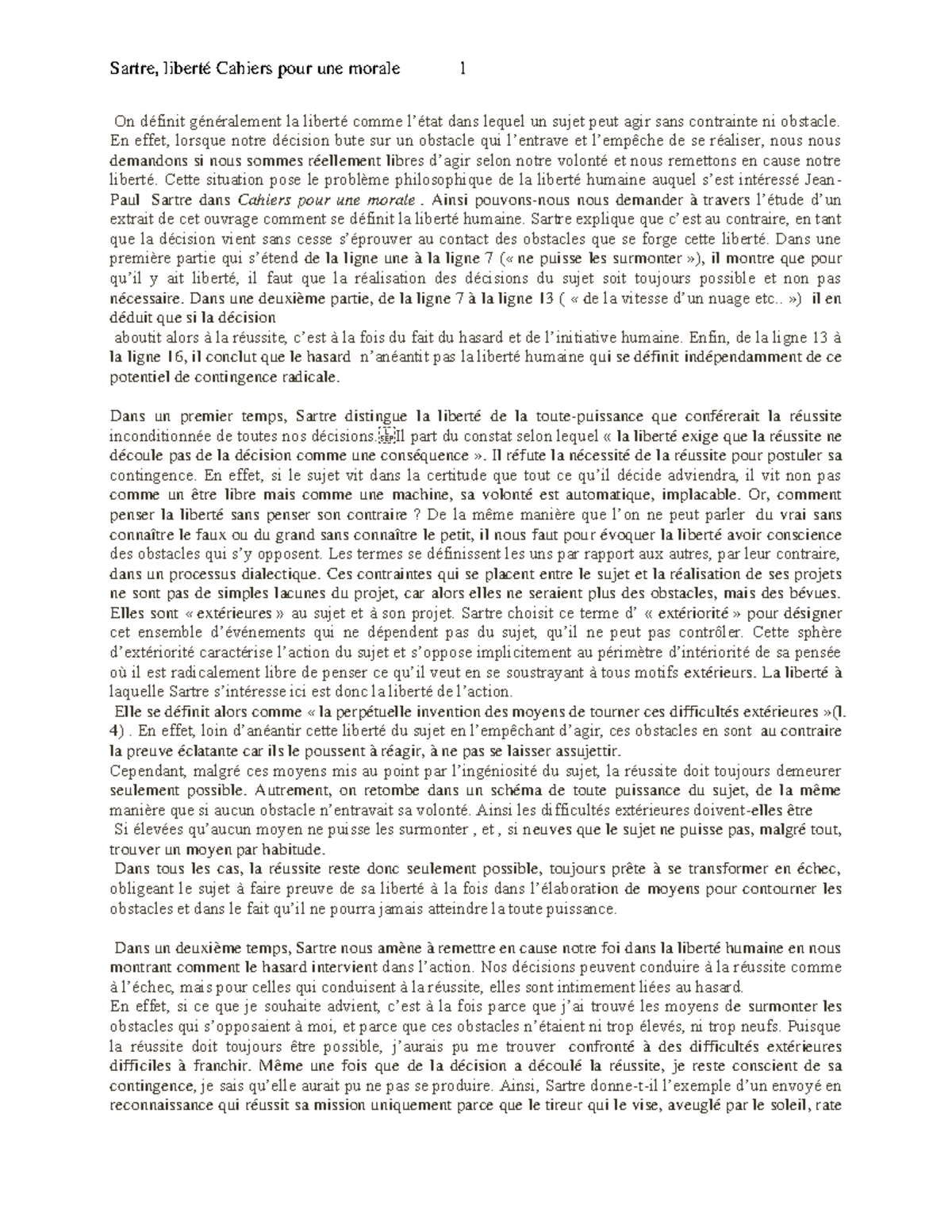 Sartre, texte liberté, Cahier pour une morale Sartre, liberté Cahiers