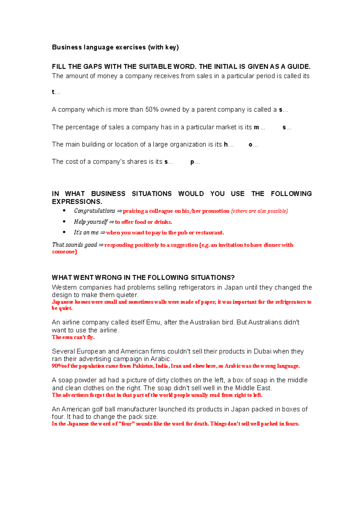 Business language exercises (with key) - THE INITIAL IS GIVEN AS A ...