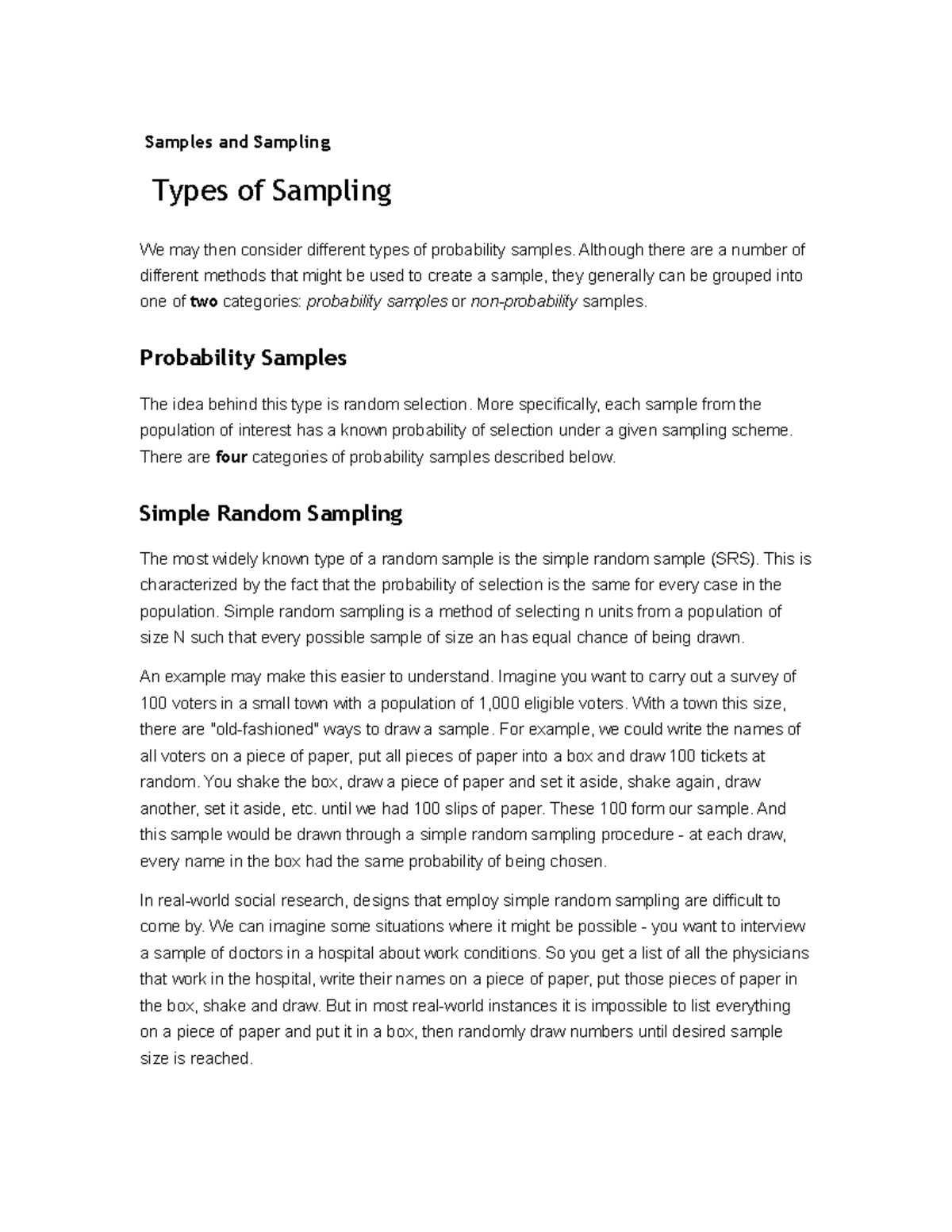 Samples and Sampling - Notes - Samples and Sampling Types of Sampling ...