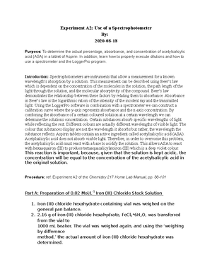 Lab A1 - 100% - Experiment A1: Mass and Volume Measurement By: 2020-08 ...