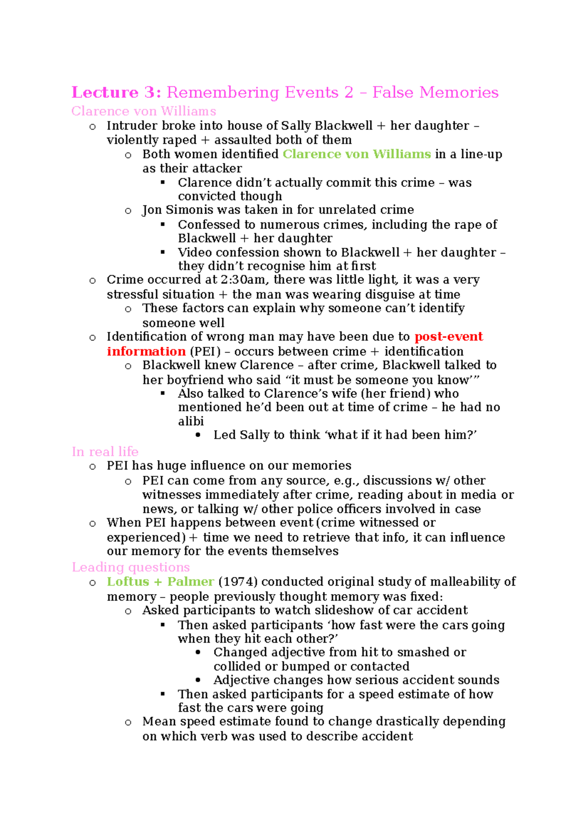 Crime and Law Lecture 3 - Lecture 3: Remembering Events 2 – False ...