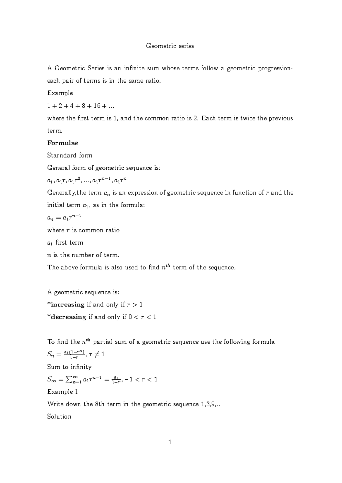 Geometric sequence - to practice - Geometric series A Geometric Series ...