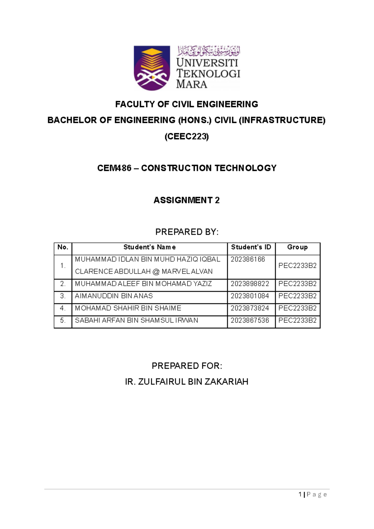 Assignment 2 CEM486 Case Study - FACULTY OF CIVIL ENGINEERING BACHELOR ...
