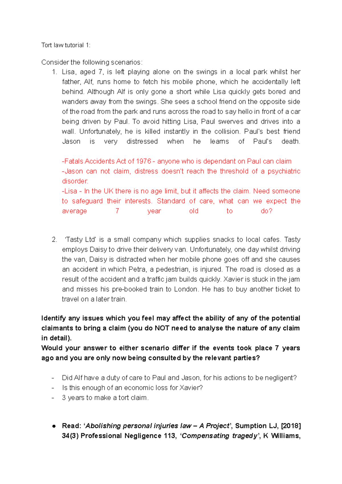 Tort Law 1 Tutorial 1 - Tort Law Tutorial 1: Consider The Following ...