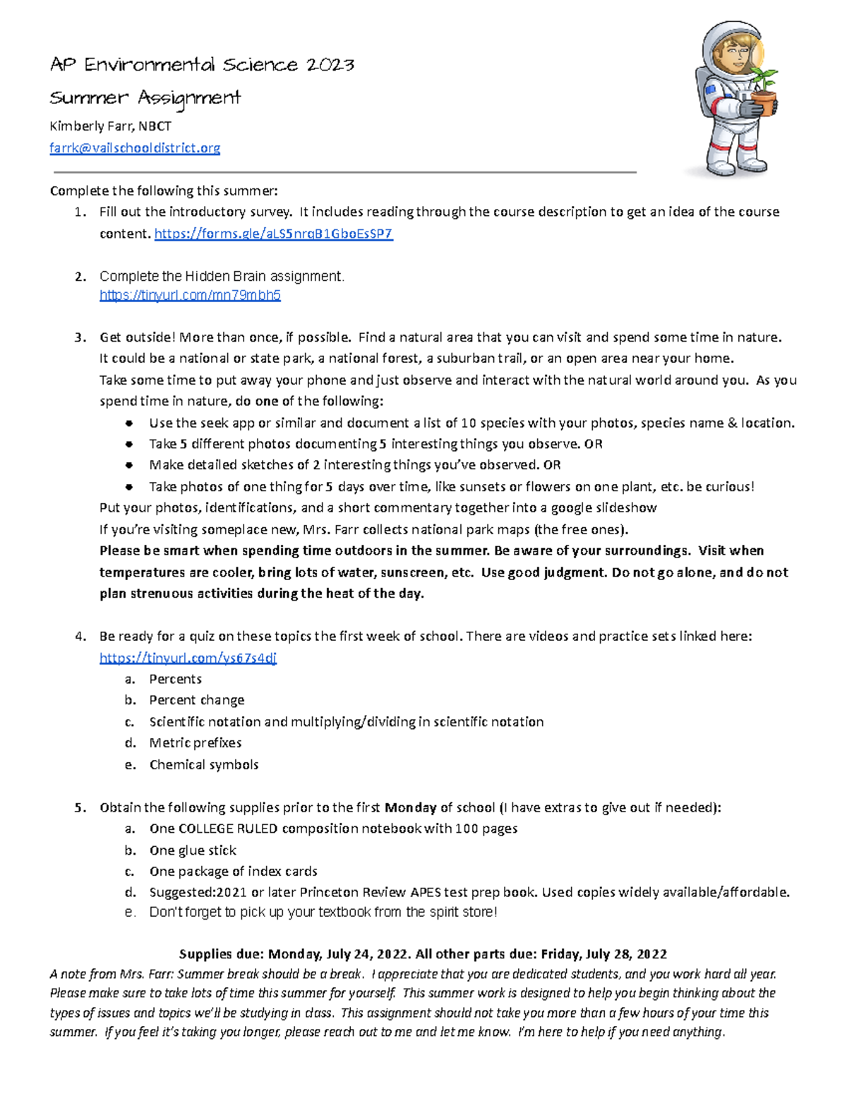 APES Summer Assignment 2023 - AP Environmental Science 2023 Summer ...