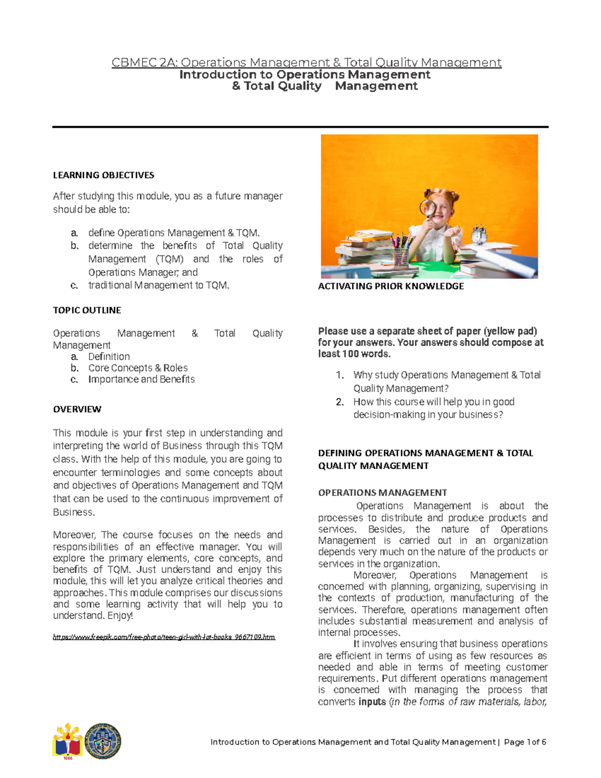 Topic 1 Operations Management TQM LEARNING OBJECTIVES After Studying This Module You As A 