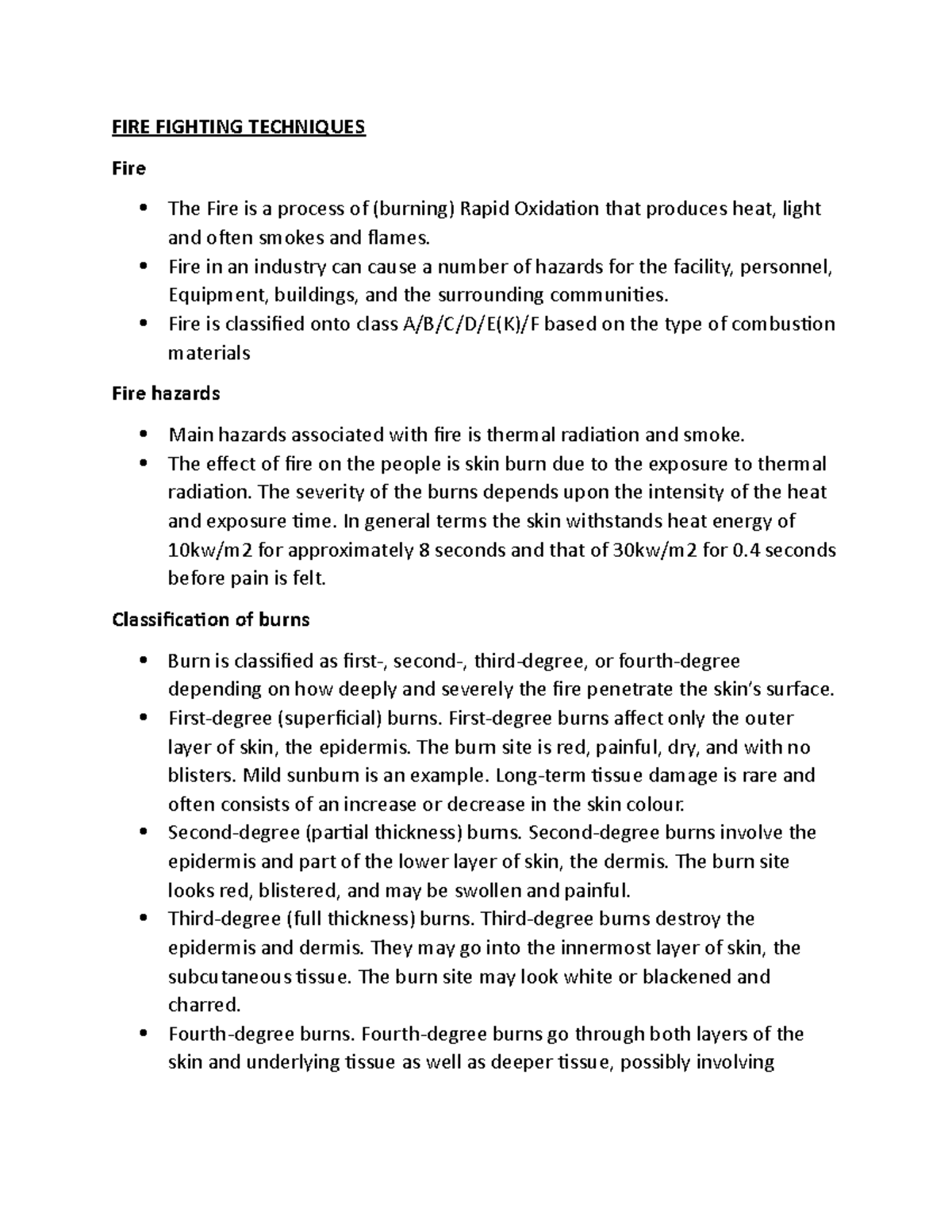Fire hazards Lecture notes FIRE FIGHTING TECHNIQUES Fire The Fire