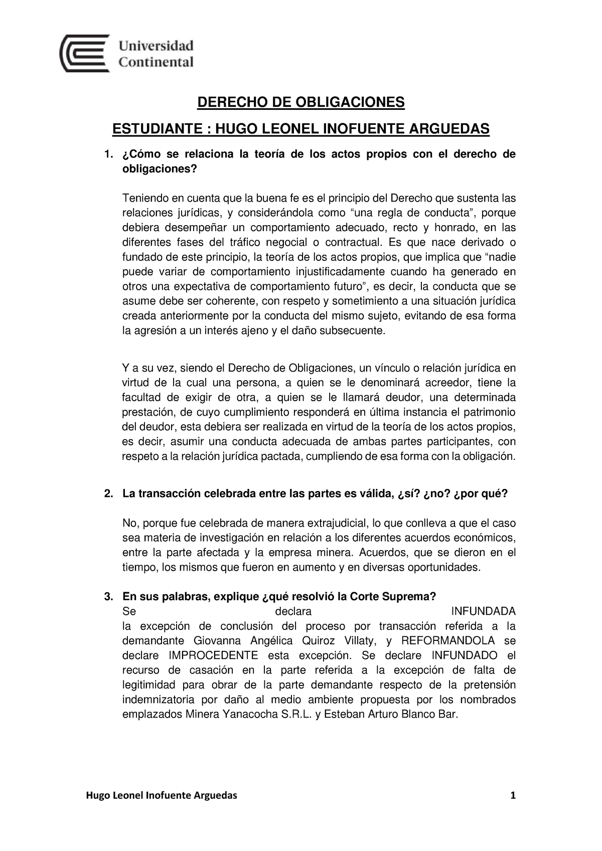 Examen Final Derecho De Obligaciones - Hugo Leonel Inofuente Arguedas 1 ...