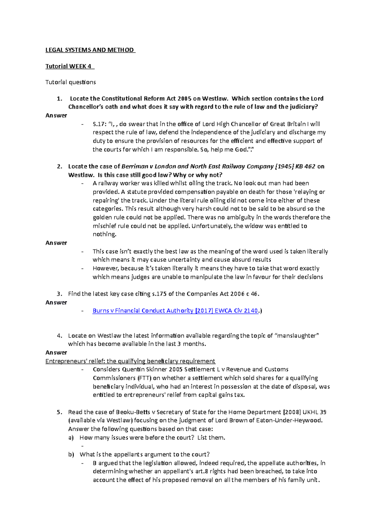 Legal Systems and Methods Questions (Westlaw) LEGAL SYSTEMS AND