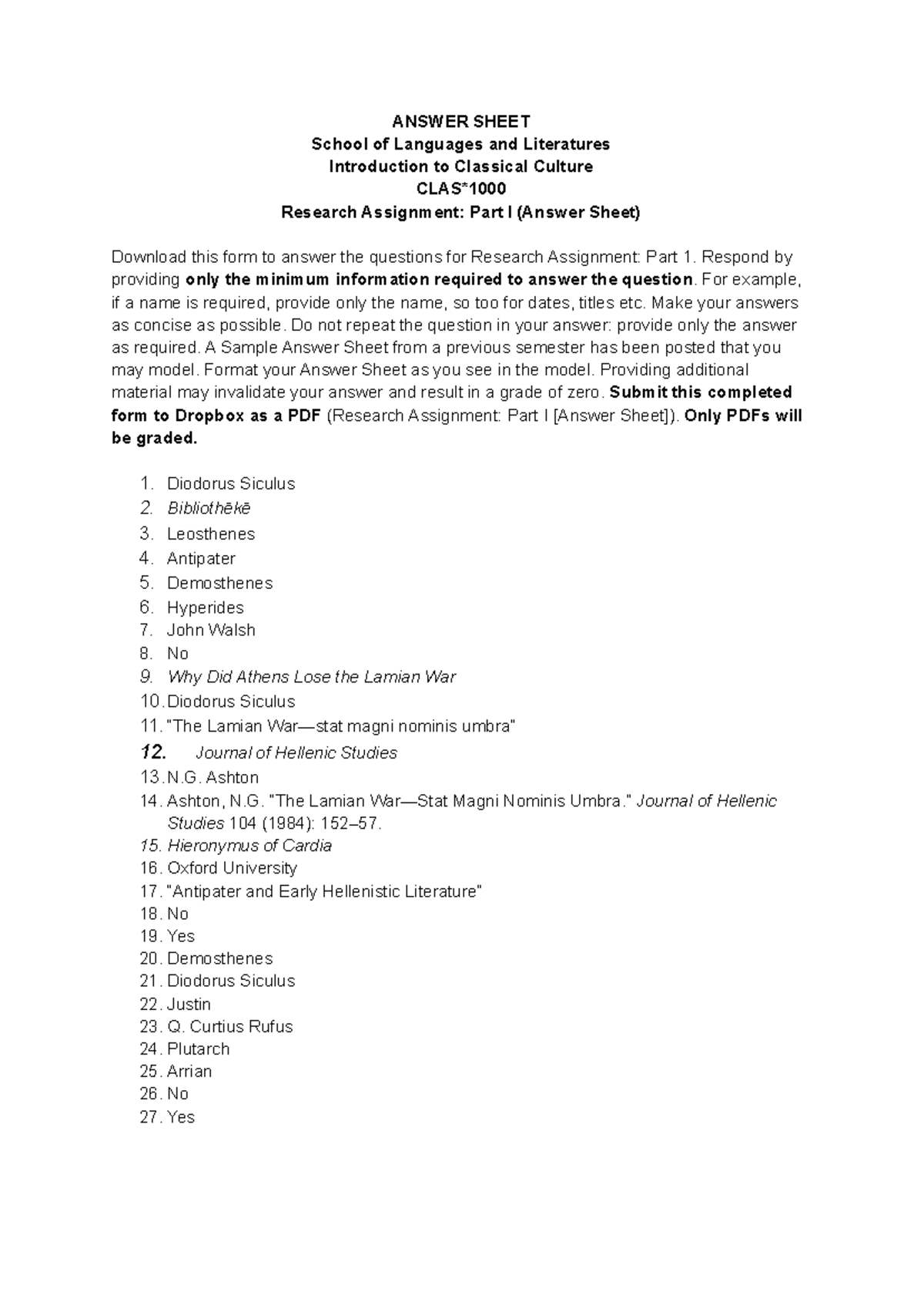CLAS 1000 Research Assignment Part 1 - ANSWER SHEET School of Languages ...