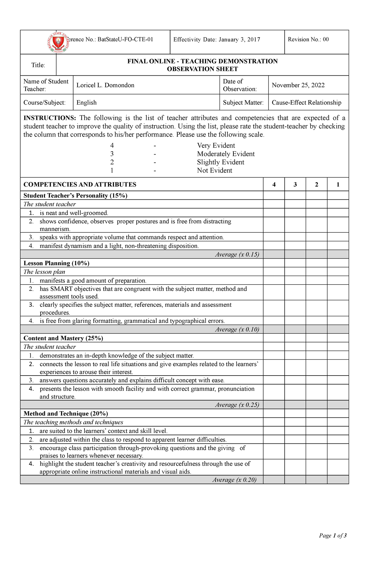 Final Online Teaching Demonstration Observation Sheet 1 1 - Reference ...